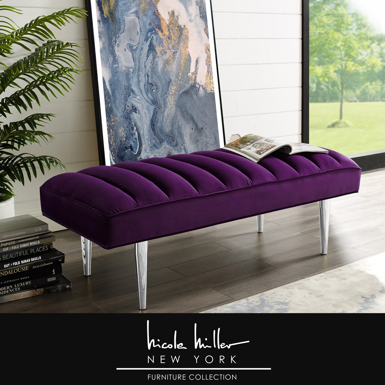 Denver Velvet Channel Tufted Bench with Mirrorred Lacquer Finish With Gold/Chrome Legs